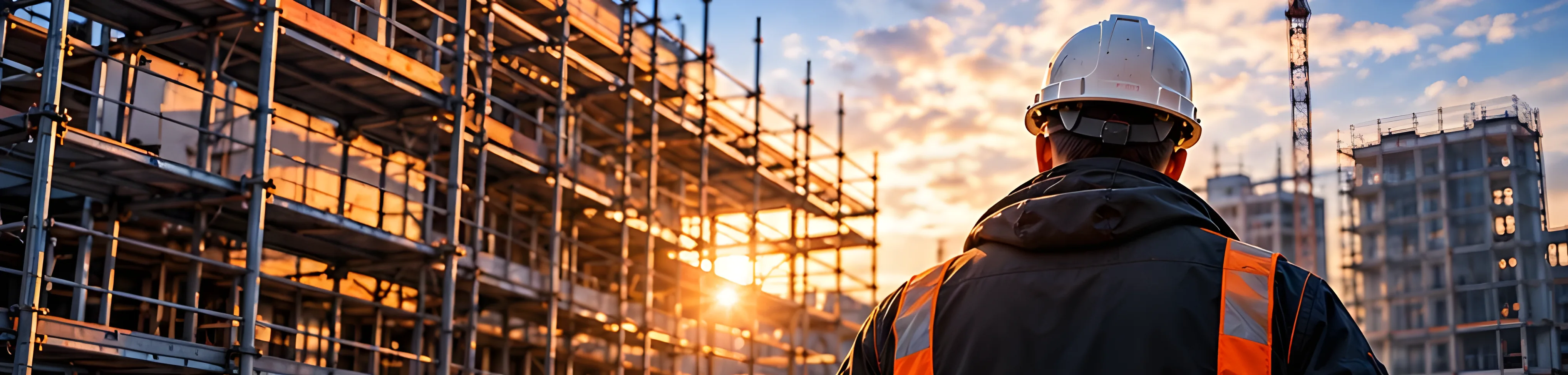 Gerüstbauer mit Helm blickt im Abendlicht auf ein großes, eingerüstetes Bauprojekt